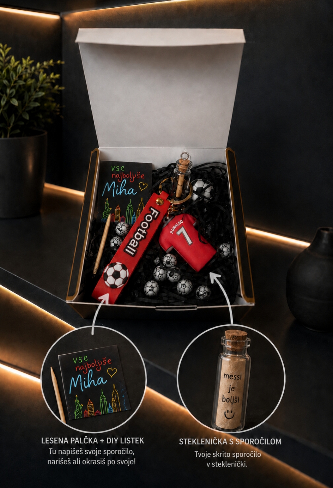 Darilni paket z Ronaldo obeskom za ključe, DIY listkom in stekleničko s sporočilom