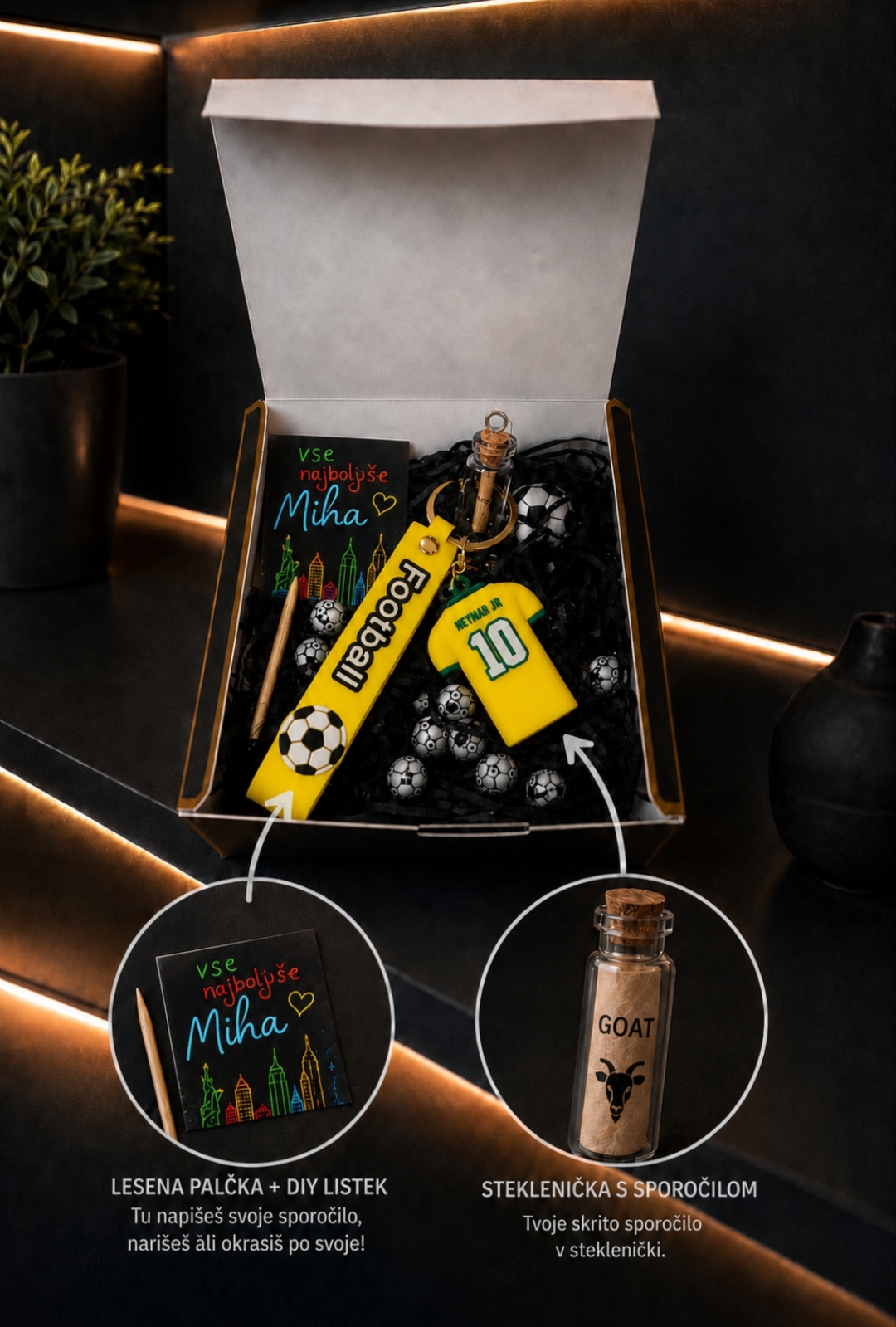 Darilni paket z Neymar obeskom za ključe, DIY listkom in stekleničko s sporočilom